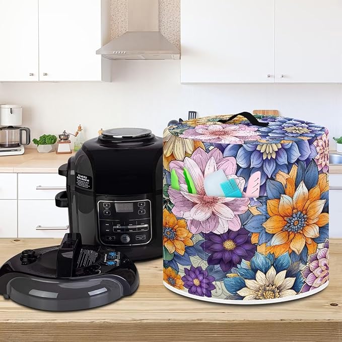 Air Fryer Cover Dust Cover, Washable Small Appliance Covers for 6 Quart Air Fryer & Pressure Cooker Kitchen Appliance Accessories with Pockets, Bright Blossom