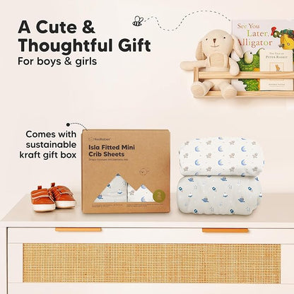 Pack and Play Sheets Fitted - 2-Pack Mini Crib Sheets for Pack N Play Mattress 38x26, Soft & Cozy, Neutral Toddler Playard Bedding, Snug Fitted Mini Baby Crib Mattress Cover Boy, Girl (Cosmo)