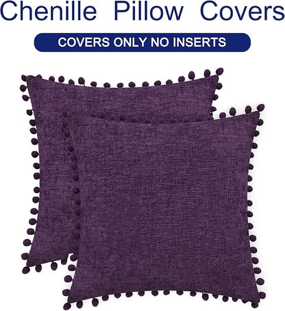 CaliTime Throw Pillow Covers Decorative 18 X 18 Inches Pack of 2 Cozy Solid Dyed Soft Chenille Cushion Cases with Pom Poms for Couch Sofa Bed Living Room Home Plum Purple
