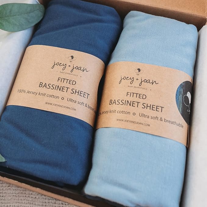 Bassinet Sheets 20x30 Inch for Graco Travel Lite Crib, Sense2Snooze, My View 4 in 1, Dream Suite and Guava Bassinet – 100% Jersey Cotton Fitted Sheets – Dusty Blue + Navy – 2 Pack
