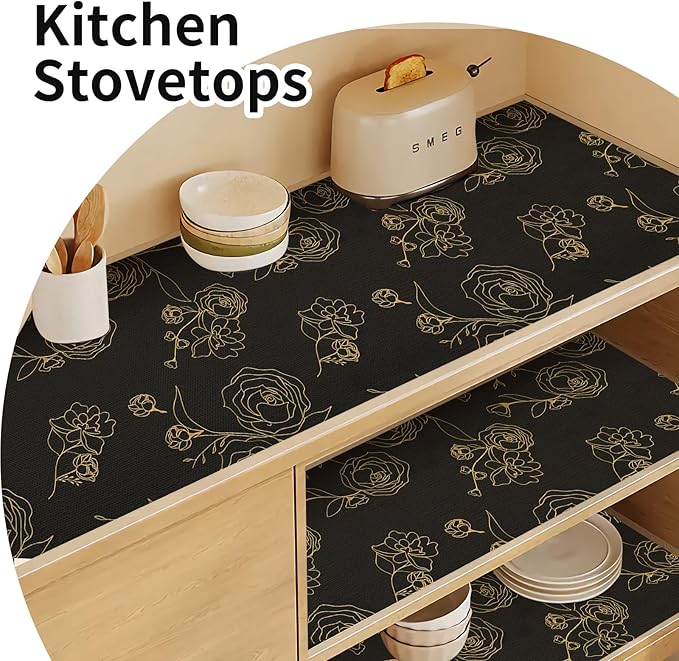 Shelf Liners for Kitchen Cabinets 12in x 20FT Non Adhesive Drawer Liner Black Floral Thickened Shelf Liner Paper Strong Non-Slip Easy to Clean for Tool Box Refrigerator with Knife and Tape Measure