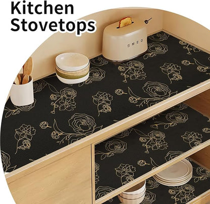 Shelf Liners for Kitchen Cabinets 17.5in x 30FT Non Adhesive Drawer Liner Black Floral Thickened Shelf Liner Paper Strong Non-Slip Easy to Clean for Tool Box Refrigerator with Knife and Tape Measure