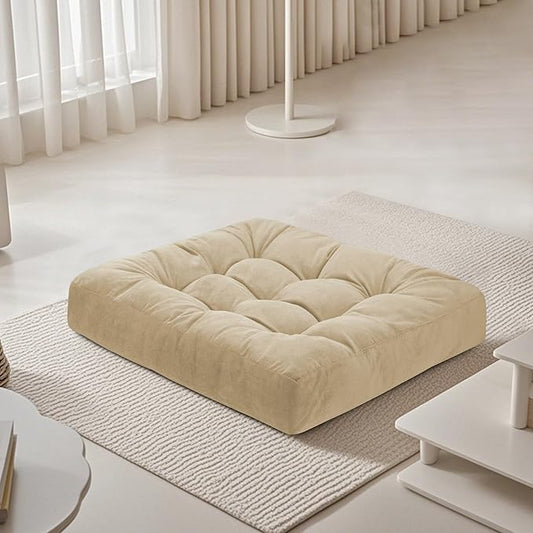 Meditation Floor Pillow 22×22 Inch 1 Pack Large Floor Cushions for Adults Square Tufted Corduroy Floor Pillows for Yoga Living Tatami Room Beige