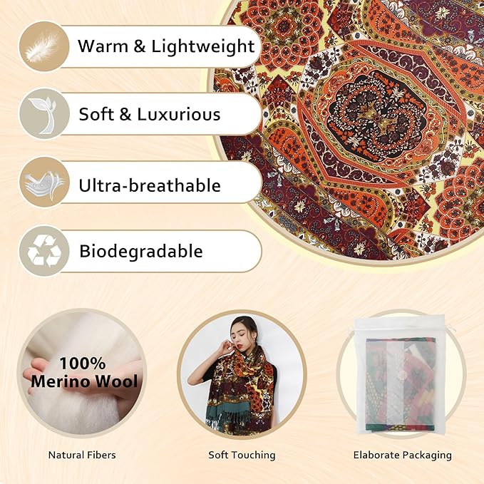 DANA XU 100% Merino Wool Pashmina Shawl for Women 96"x43", Oversized Cashmere Wrap with Tassels, Floral Travel Blanket Cape