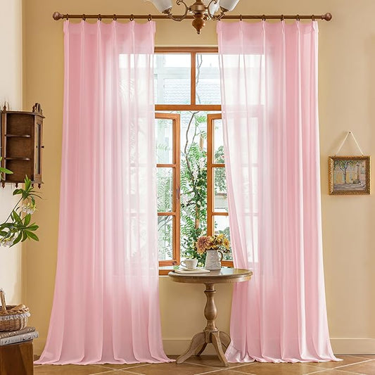 MAIHER Pink Pleated Sheer Curtains 96 Inches Long for Girls Bedroom Light Filtering Soft Touch Textured Pinch Pleat Drapes with Ajustable Hooks, Pink, 42" W x 96" L, 2 Panels