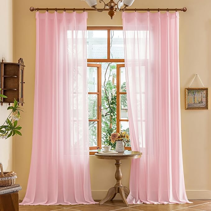 MAIHER 132 Inch Pinch Pleat Sheer Curtains 11ft Length Floor to Ceiling Soft Touch Light Filtering Pleated Drapes with Adjustable Hooks for Living Room Bedroom, Pink, 42" W x 132" L, 2 Panels