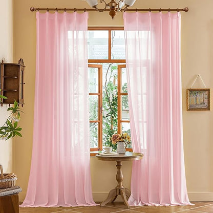 Pink Pinch Pleated Sheer Curtains 120 Inch Length for Living Room Bedroom 10ft Curtains Light Filtering Farmhouse Floor to Ceiling Pleat Drapes with Hooks (No Rings), Pink, 42"W x 120"L, 2 Panels