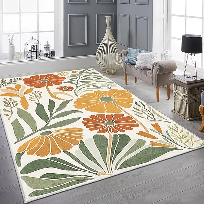 9CH Floral Botanical Aesthetic Area Rugs 7' X 5' Green Terracotta Abstract Flowers Plants Carpets Non-Slip Soft Boho Modern Rug for Bedroom Dining Living Room Kitchen