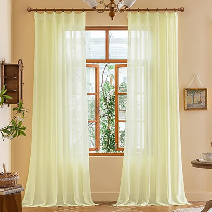 MAIHER Light Yellow Pinch Pleat Curtains 96 Inches Long for Bedroom Soft Touch Sheer Light Filter Pleated Drapes with Ajustable Hooks for Living Room, Pear Sorbet, 42" W x 96" L, 2 Panels