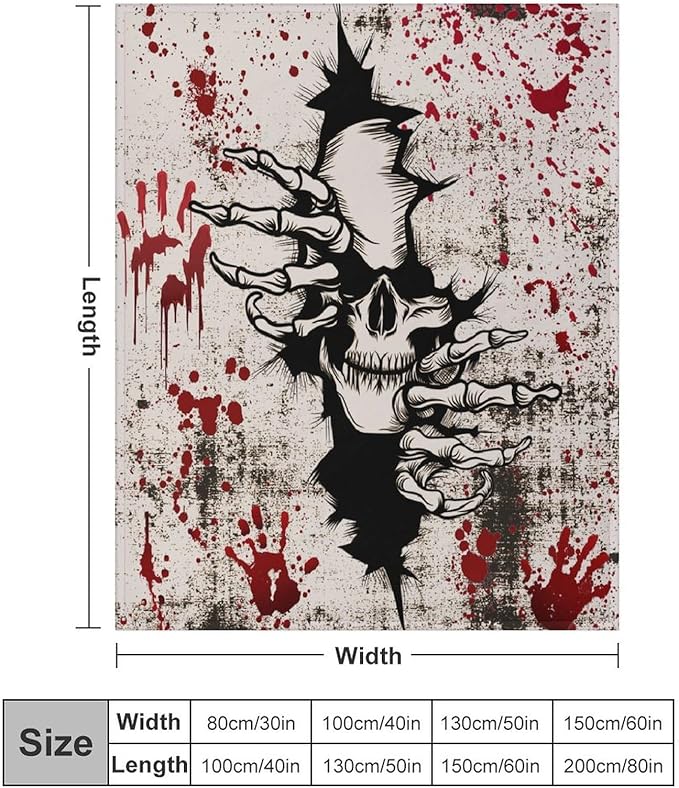 Horror Skull Throw Blanket, Halloween Day of The Dead Vintage Gothic Scary Blood Hand Soft Warm Fleece Blanket for Bed Couch Living Room All Season, 40"x50"