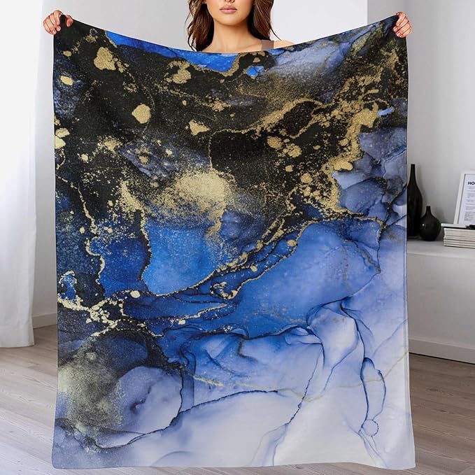 Modern Marble Blanket, Abstract Luxury Baroque Golden Dark Blue Stone Veins Pattern Soft Warm Cozy Plush Flannel Covers for Livingroom Bedroom Couch Chair Camping Travel Home Decor Tapestry 40x50in