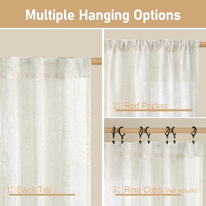 LAMIT Cream Linen Curtains 24 Inch Length, Semi Sheer Light Filtering Window Panels Back Tab and Rod Pocket Drapes for Kitchen/Small Windows, 25 x 24 Inch, 2 Panels