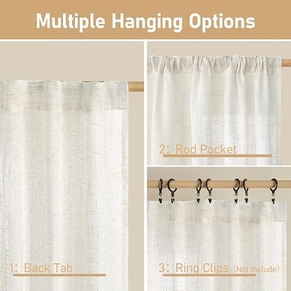 LAMIT Cream Linen Curtains 24 Inch Length, Semi Sheer Light Filtering Window Panels Back Tab and Rod Pocket Drapes for Kitchen/Small Windows, 25 x 24 Inch, 2 Panels