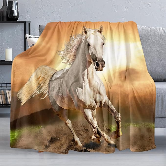 White Horse Throw Blanket for Couch, Super Soft Fuzzy Throws Warm Comfortable Plush Fleece Blanket, Fashion Decorative Flannel Fleece Blanket for All Season(50 x 60 in, White Horse& Sunset)