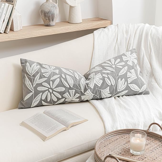BlissBlush Grey Velvet Decorative Long Lumbar Pillow Cover 14x36, Light Gray Soft Body Pillow for Bed, Accent Lumbar Throw Pillow for Bedroom, Modern Farmhouse Textured Pillowcase
