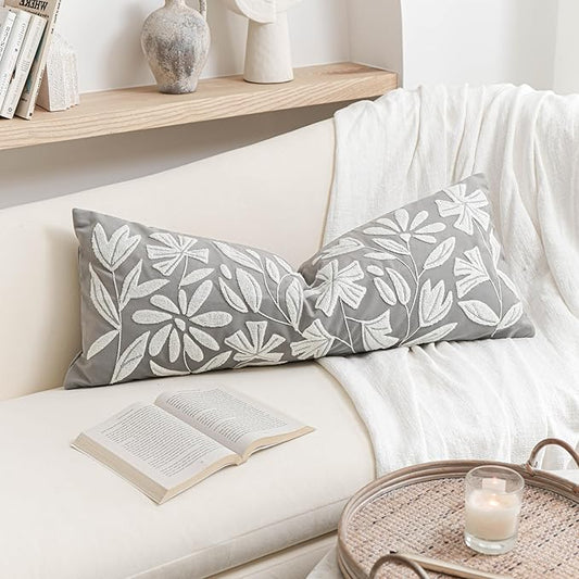 BlissBlush Grey Velvet Decorative Long Lumbar Pillow Cover 14x36, Light Gray Soft Body Pillow for Bed, Accent Lumbar Throw Pillow for Bedroom, Modern Farmhouse Textured Pillowcase