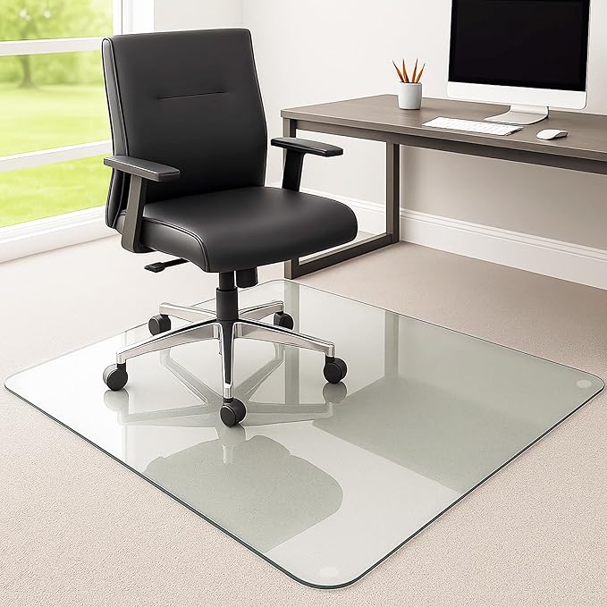 Tempered Glass Chair Mat, 55" x 46" Glass Office Chair Mat, 1/5" Thick Clear Floor Mat with Anti-Slip Pads, Heavy Duty Glass Mat for Carpeted and Hard Floor