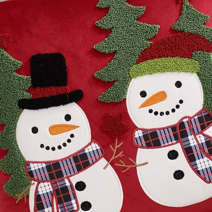 LUOYEHK Red Christmas Pillow Covers 18x18 Set of 2 Cute Snowmen Embroidered Pillow Cases Winter Holiday Velvet Cushion Covers for Couch Sofa Bed