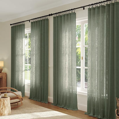 Anmao Natural Linen Curtains for Living Room 72 Inch Length 2 Panels Set, Light Filtering Semi Sheer Window Curtain Drapes for Bedroom with Curtain Rings and Clips, 52Wx72L, Olive Green
