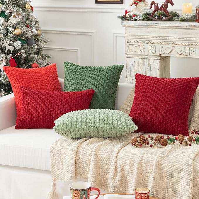 Kevin Textile 12x24 Inch Pillow Cover 1 Pack Boho Christmas Decorative Soft Striped Corduroy Lumbar Farmhouse Color Accent Rectangle Cushion Case for Living Room Couch Sofa Bed, Red
