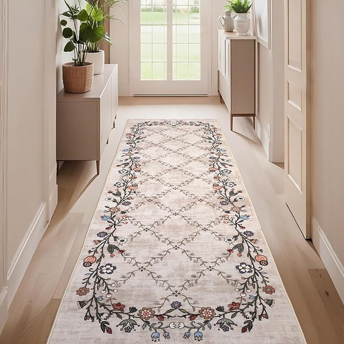 GarveeHome 2x6 Washable Floral Runner Rugs for Hallway: Modern Floral Non Slip Large Runner Rugs for Kitchen, Large Machine Washable Hallways Low Pile Carpet with Non-Slip Backing Beige 2 ft x6 ft.