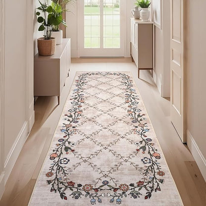 GarveeHome 2x6 Washable Floral Runner Rugs for Hallway: Modern Floral Non Slip Large Runner Rugs for Kitchen, Large Machine Washable Hallways Low Pile Carpet with Non-Slip Backing Beige 2 ft x6 ft.