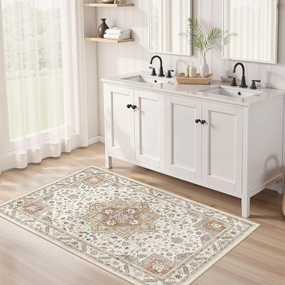 Vintage Living Room Area Rug 3x5 - Large Soft Washable Oriental Traditional Distressed Farmhouse Rugs for Bedroom - Indoor Floor Accent Carpet for Home Office House Decor - Golden Taupe
