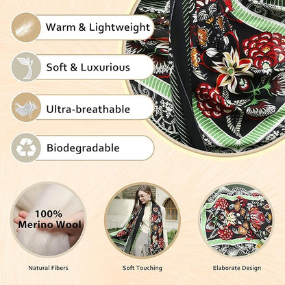 DANA XU 100% Merino Wool Extra Large Pashmina Blanket Travel Scarf Cashmere Wrap for Women Fall Winter Oversize Shawl Floral