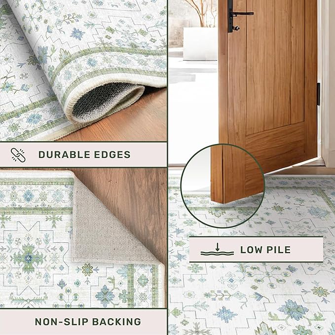 Green and Blue Kids Rugs for Bedroom 5x8 - Oushak Boho Cute Area Rug, Washable Low Pile Non-Slip Soft Foldable Indoor Carpet for Nursery, Playroom
