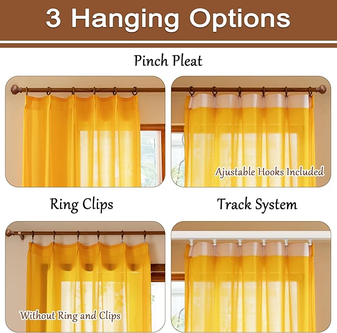 MAIHER Gold Pinch Pleat Sheer Curtains 96 Inches Long Soft Touch Lightweight Privacy Light Filtering Pleated Drapes with Adjustable Hooks for Bedroom Living Room, Gold, 42" W x 96" L, 2 Panels