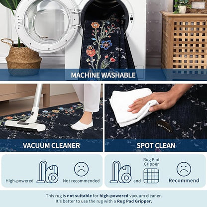 GarveeHome 8x10 Washable Floral Area Rugs for Living Room: Modern Floral Non Slip Large Area Rugs for Bedroom, Large Machine Washable Living Room Low Pile Carpet with Non-Slip Backing Black 8'x10'.