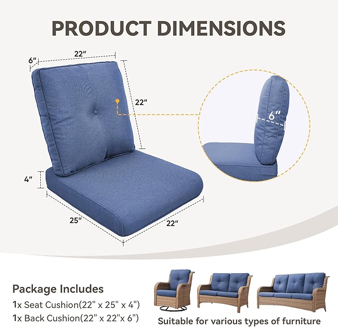 Outdoor Chair Cushions - 22" x 25" x 4" Patio Furniture Cushions with Water Resistant & Removable Cover, 28D High Density Sponge Patio Cushion for Outdoor Furniture Couch Rocker Chair, Blue