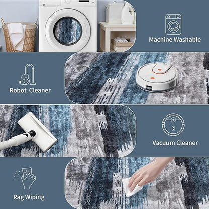 Ciicool 5ft Round Washable Rug, Modern Abstract Circle Rugs, Non-Slip Thin Low-Pile Rug Navy Grey Circular Print Distressed Carpet for Bedroom Living Room Under Dining Table Home Office Decor