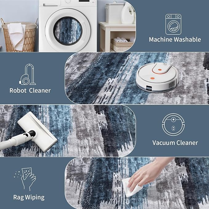 Ciicool 4ft Round Washable Rug, Modern Abstract Circle Rugs, Non-Slip Thin Low-Pile Rug Navy Grey Circular Print Distressed Carpet for Bedroom Living Room Under Dining Table Home Office Decor