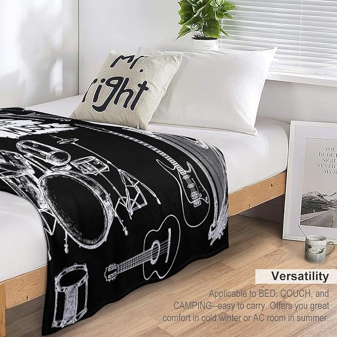 Music Blanket Drums Piano Guitar Black White Abstract Art Printed Soft Cozy Lightweight Throw Blanket for Kids Girls Boys Women Bedroom Living Room Dorm Chair Sofa Travel 70x80in