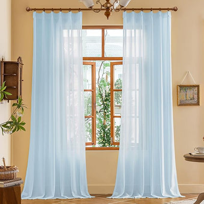 MAIHER 102 Inches Long Pinch Pleated Curtains Light Blue for Sliding Door Soft Touch Lightweight Light Filtering Sheer Pleated Drapes with Ajustable Hooks, Sky Blue, 42" W x 102" L, 2 Panels