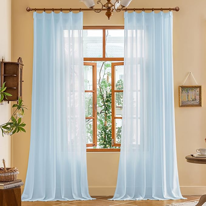 MAIHER 108 Inch Length Sheer Pleated Drapes 9ft Curtain Panels Soft Touch Light Filtering Light Blue Pinch Pleat Curtains with Hooks for Bedroom Living Room, Sky Blue, 42" W x 108" L, 2 Panels
