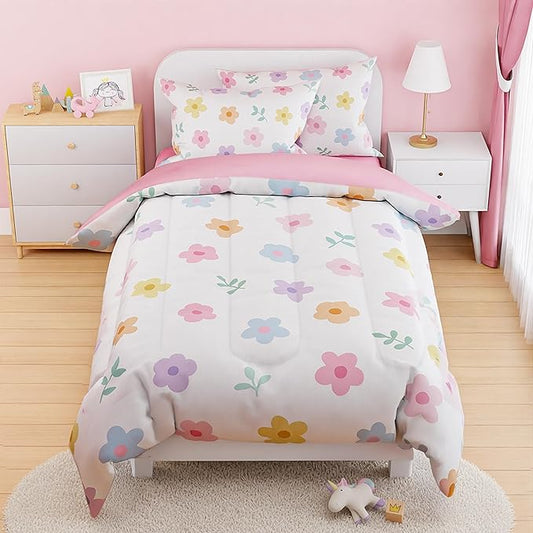 SANDJEST Floral Comforter Set Full Size 98x86in for Kids Girls, Microfiber 4 Pieces Bedding Set Includes 1 Comforter, 2 Pillowcases, 1 Fitted Sheet, Nursery Room Decor