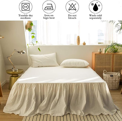 BISELINA French Linen Bed Skirt with Pleated Frills 22-Inch Tailored Drop Natural Flax Cotton Blend Dust Ruffle Soft Cozy Farmhouse Bedding (22" Queen, White)