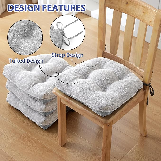 Chair Cushions for Dining Chairs Set of 4, Kitchen Chair Cushions, Chair Pads with Ties and Non Slip Backing, Tufted Memory Foam Seat Cushion 4 Pack, 15.5" x 15.5" x 4", Light Gray
