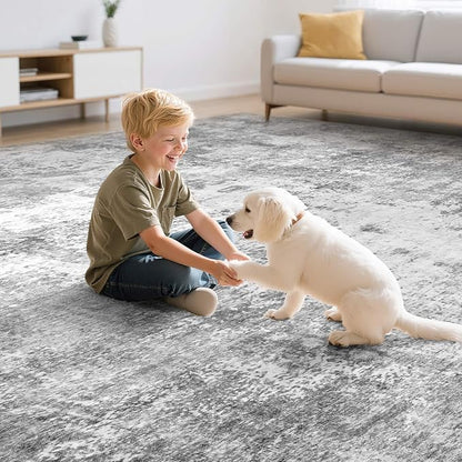 Washable 9X12 Area Rug: Modern Abstract Soft Non-Slip Indoor Rugs Home Decor - Low Pile Stain Resistant Foldable Rug for Living Room Bedroom Dining Room Playroom Office(Grey 9'x12')