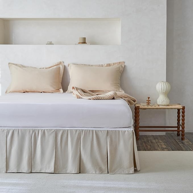 BISELINA French Linen Pleated Bed Skirt, 18" Tailored Draped Natural Linen-Cotton Blend Basic Dust Border Soft Comfort Farmhouse Bedding (18" King, Linen)