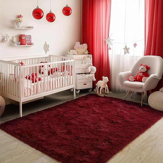 Burgundy Plush Rug for Living Room Fuzzy Carpet for Bedroom Dorm, Non-Slip High Pile Rug, Shag Rug for Playroom Nursery Home Office Decor 6X9 Ft