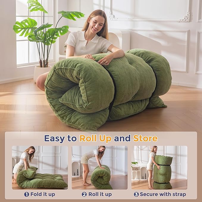 MAXYOYO Japanese Floor Mattress Queen Size, 6" Foldable Futon Mattress Tufted Roll Up Floor Bed, Thick Chenille Tatami Mat Sleeping Pad for Camping Guest Room Dormitory Bedroom RV, Green