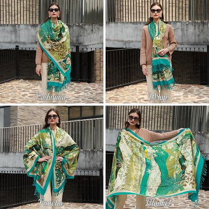 DANA XU 100% Merino Wool Extra Large Pashmina Blanket Travel Scarf Cashmere Wrap for Women Fall Winter Oversize Shawl Floral