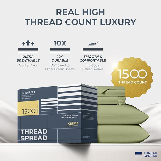 THREAD SPREAD 100% Egyptian Cotton Sheets Queen Size - 1500 Thread Count 4 PC Queen Sheet Set Egyptian Cotton, Sateen Weave Luxury Sheets Queen, High Thread Count Sheet, 17" Deep Pocket - Sage Green