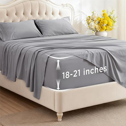 Bedsure Deep Pocket California King Sheet Sets - Fits Mattresses Up to 21 Inches Thick - 4 Piece Bed Sheets, Moisture Wicking, Soft & Cooling Bedsheet & Pillowcases, Easy & Secure Fit, Light Grey
