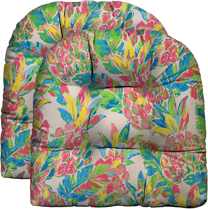 RSH DECOR: Tufted U-Shape Wicker Seat Cushions Set of 2 | 19” x 19” | All-Weather Spun Fabric | Water-Resistant | Outdoor Chair Cushions for Patio Furniture | Vida Garden Pink Pineapple