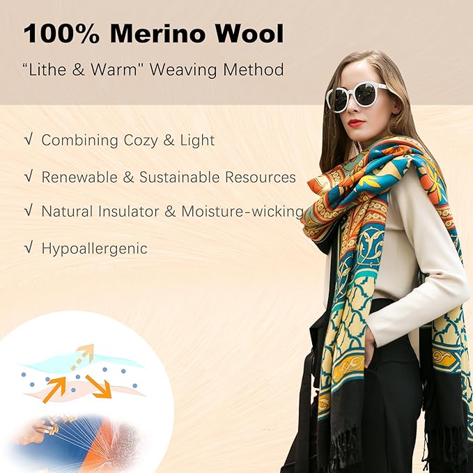 DANA XU 100% Merino Wool Extra Large Pashmina Blanket Travel Scarf Cashmere Wrap for Women Fall Winter Oversize Shawl Floral