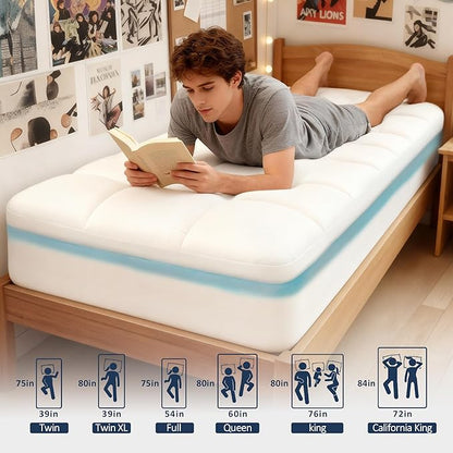 Dual Layer 4 Inch Memory Foam Twin XL Mattress Topper for College Dorm, 2 Inch Cooling Gel Memory Foam and 2 Inch Down Alternative Pillow Top Mattress Pad Cover 8-24 Inch Deep Pocket